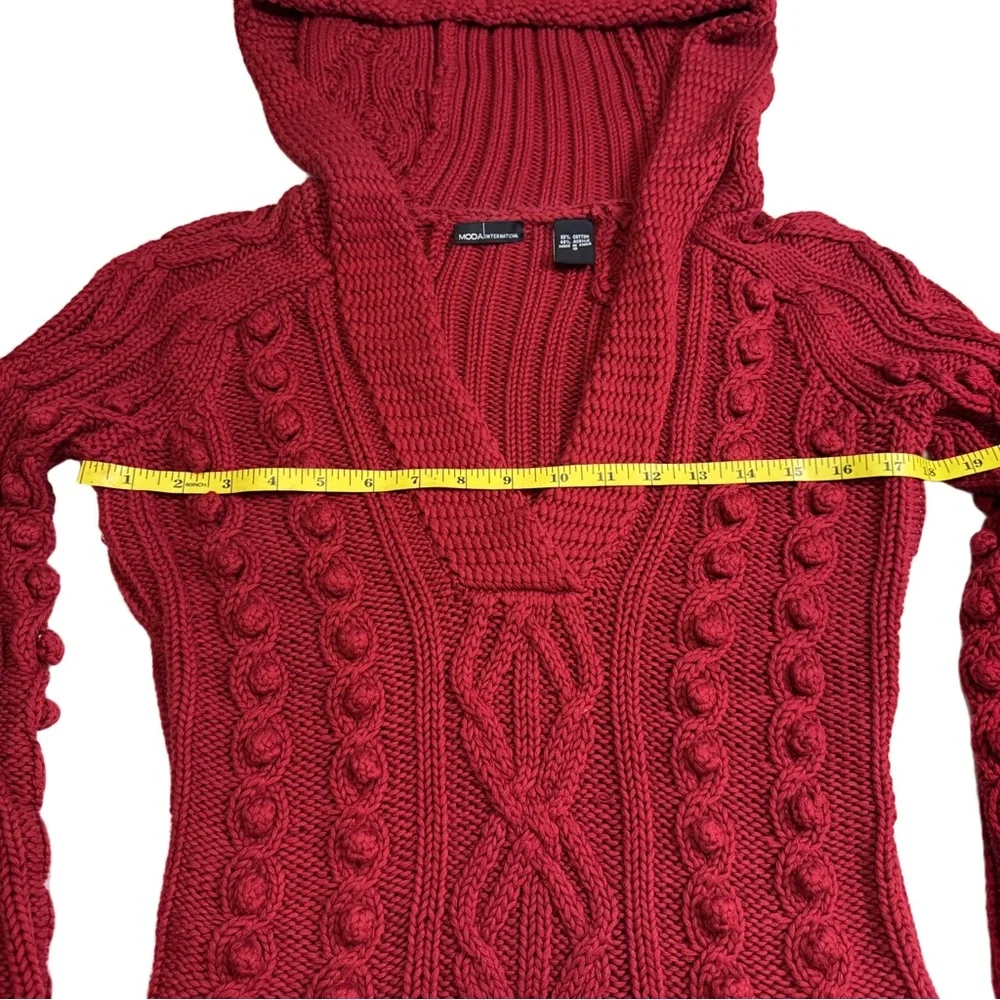 Moda International Red Cable Knit Hooded Sweater Small V Neck Pullover Vintage - Picture 6 of 8
